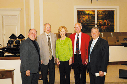 Anne Harrell was joined by four of the eight Ministers of Music with whom she has served over the past 40 years (Feb. 1973-Feb. 2013) Steve Williams (1992-2002), Harold Benge (1975-1980), Joe Neihardt (1974-1976), and David Willard (2009 to present). First Baptist Church, Sylvester, honored her with a church/community reception on Feb. 17, presenting her with appropriate tributes for her faithful ministry, which she continues to provide as church pianist. Mrs. Harrell, along with former organist, Donna Mallory, and present organist, June Carter, presented a concert of keyboard duets and trios prior to the reception.