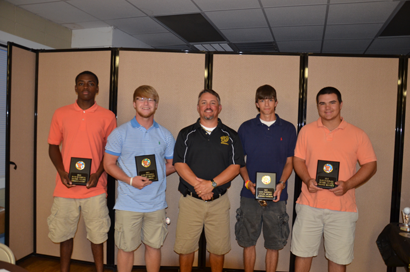 Worth County Baseball (Graduated) Seniors Thomas Ausby, Eli Reddell, Coach Will Smith, Tanner Watkins, and Chance Bennett received their Senior Plaque during the 2013 Baseball Banquet on June 17, 2013.